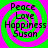 Four identical circular icons with green and pink spiral backgrounds display the text Peace Love Happiness Susan in black pixelated font.