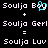 Pixel art displays text equations with 'Soulja Boy', 'Soulja Gerl', and 'Soulja Luv' in white on black background, featuring cyan pixel cluster over 'Boy' in first frame