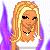 Pixelated static image of a cartoon-style blonde woman with closed eyes and a wide smile, wearing a white top against a purple gradient background.