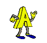 Yellow letter A character with gray limbs and blue shoes in multiple animated poses against a light gray background.