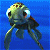 Pixelated cartoon fish with large eyes and a rounded body, floating against blue background.