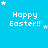 Blue background with white pixelated text 'Happy Easter!!' repeated across the image, surrounded by small white stars.
