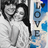 A vertical banner with 'LOVE' text and a heart symbol, featuring a black-and-white photo of two people embracing against a blue sky background.