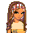 Pixel art of a female character with long brown hair wearing a red and white headband, a yellow and orange striped shirt with 'AE' text, and blue jeans, standing next to a brown and blue structure.