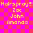 Pixelated image with bright pink and red checkered background displaying yellow text "Hairspray!!! Hairspray!!!" above four names in two
