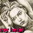 A grayscale image of a woman with curly hair appears in four quadrants, overlaid with red text reading 'my heart will go on' and a small red heart symbol.