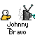 Pixelated animated icon shows Johnny Bravo character with yellow hair, black shirt, and white eyes, performing actions like waving and speaking with text bubbles.
