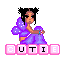 Pixel art of a figure in purple attire with white dots, holding an object, beneath pink block letters spelling 'CUTIE' on gray background.