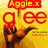 Six display 'glee' text with hand gestures over characters' heads against colored backgrounds, including yellow, green, red, orange, blue, and gray