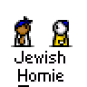 A 4x4 contact sheet of pixel art frames showing two cartoon characters in various poses with text bubbles, all labeled "Jewish Homie" below each frame.