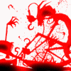 Four display a stylized figure with exaggerated limbs and distorted features in red-and-white or black-and-white color schemes
