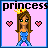 Pixel art icon of a princess character with crown, blue dress, and hearts on pink background.