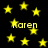 Black background with scattered yellow stars and repeated text "Karen" in pixelated font.
