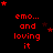 Red text and stars on black background with repeated 'emo... and loving it' phrases arranged in a pattern