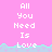 Pixelated text 'All You Need Is Love' repeated across a pink background with cyan and light blue wave-like borders.