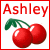 Red cherry icon with green stem and leaf above 'Ashley' text, displayed in four positions showing varying pixelation levels
