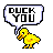A pixelated yellow duck with a speech bubble saying "DUCK YOU" on the left, next to green text reading "Original Icons .com" on a dark background.