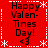 Red square icon with white dotted border and snowflake corners, displaying "Happy Valentine's Day!" text in black pixelated font with heart symbol below.