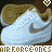 Animated contact sheet of white Nike Air Force One sneakers with brown accents on a brown background, featuring repeated text and heart icons across frames.