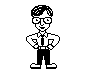 Black-and-white pixel art of a man in glasses, white shirt, and dark tie with hands on hips transitioning to raised fists with radiating lines.
