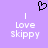 Pixelated black heart symbol above two identical white text blocks reading 'Love skippy' on a solid purple background.