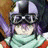 Pixelated anime-style character with goggles and scarf next to stylized text on black background