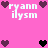 Pixelated pink background with white text 'ryann ilysm' and heart symbols in dark purple and black, arranged in a pattern with varying heart colors