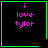 Four identical pixelated with green borders display pink text 'i love tylor' on black backgrounds, each containing a distinct small symbol in the corner