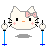 Pixelated white cat face with pink bow, black eyes, orange nose, and pink cheeks, shown in four sequential animation states with blue and white props changing position.