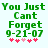 Green pixelated text reads "You Just Cant Forget 9-21-07" with five pink plus signs below, two of which are lighter shades.