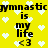 Yellow background with white pixelated hearts and repeated black text reading 'gymnastic is my life <3' in a pattern