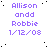 Purple text reading 'Allison andd Robbie 1/12/08' repeated in a pattern on white background with scattered black dots