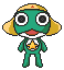 A 4x4 contact sheet of pixel art frames showing a green cartoon frog character with yellow hat and star chest emblem in various poses against gray background.