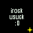 Pixelated text 'irock usuck :0' repeated across a black background with yellow star-like animations changing position and shape over time.
