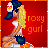 A 3x3 contact sheet of a pixel art animated icon featuring a blonde woman in a blue cap and shorts with 'roxy girl' text on red background, showing subtle pose variations across frames.