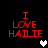 Red pixelated text "I LOVE HAILIE" on black background with a white heart icon that changes to gray in different frames.
