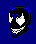 Pixelated skull icon with black and white features, blue outline on dark blue background.