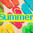Pixelated beach-themed background with colorful flip-flops and green shapes, overlaid with animated text reading "Summer Is Gonna Rock" in blue letters with yellow outlines.