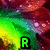 Pixelated colorful background with green-yellow gradient and red-purple accents, featuring three distinct text elements in different colors and positions.