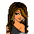 Pixel art contact sheet showing two frames of a female character in a black and gray outfit with long brown hair, orange skin tone, and high-heeled sandals on white background.