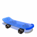 Blue skateboard with black wheels shown from multiple angles including top, side, and underside views.