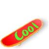 Red skateboard with green 'Cool' text in various orientations and sizes, some showing wheels.