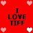 Red background with four identical text blocks reading "I LOVE TIFF" surrounded by pink and white pixelated hearts.
