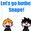 Pixelated image with blue text reading "Let's go bother Snape!" above two cartoon characters, one with orange hair and one with black hair, both smiling.