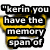 "kerin you have the memory span of a goldfish" text in white pixelated font on black rectangular blocks over yellow curved background, signed "-marc campmier".
