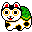Pixel art of a white cat with black spots and red-tipped ears, wearing a green hat, in two sequential poses showing mouth and eye changes.