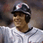 Pixelated image of a baseball player in uniform with helmet, set against solid blue background and red text elements.