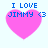 Four identical pixelated pink heart icons with blue text "I LOVE JIMMY <3" on a light blue background.