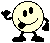 Two identical pixelated yellow smiley face characters with black limbs and facial features standing side-by-side on a gray background, each in a slightly different pose.