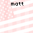 Pixelated text 'matt' appears in four positions on a pink and white striped background with scattered dots.